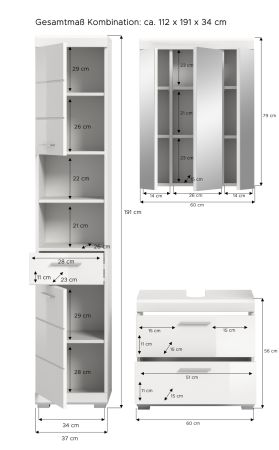 Badm�bel Set 3-teilig Shawn in wei� Hochglanz Badkombination 112 x 191 cm