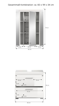 Badm�bel Set 2-teilig Shawn in wei� Hochglanz Badkombination 60 x 191 cm