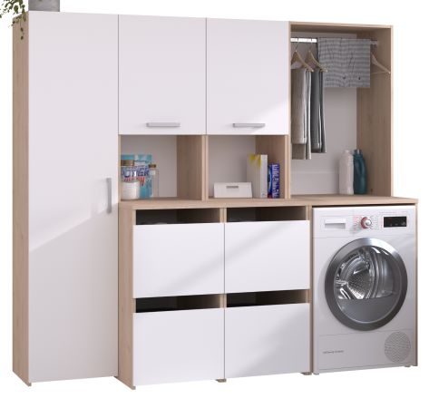 Waschmaschinenschrank Laundry in wei� und Jackson Eiche Set 3-teilig 204 x 184 cm