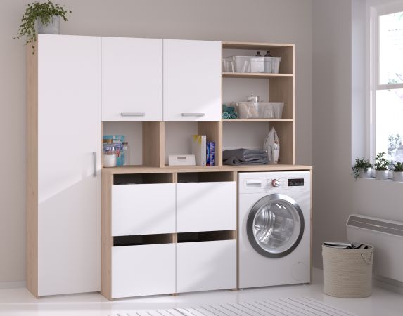 Waschmaschinenschrank Laundry in wei� und Jackson Eiche Set 3-teilig 204 x 184 cm