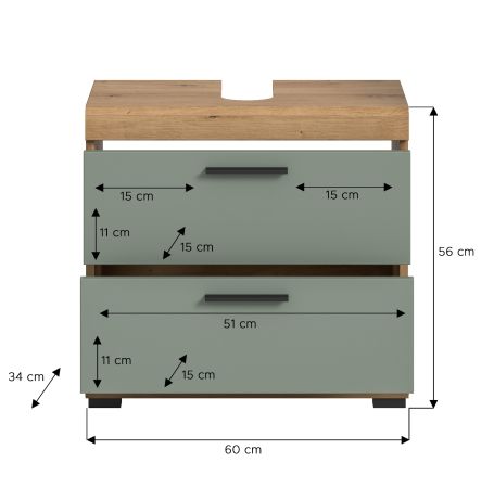 Waschbeckenunterschrank Shawn in Salbei und Artisan Eiche Badezimmer Unterschrank 60 cm