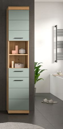 Badezimmer Hochschrank Shawn in Salbei und Artisan Eiche Badschrank 37 x 191 cm