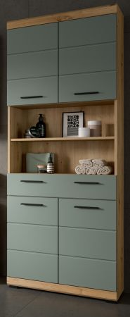 Badezimmer Hochschrank Shawn in Salbei und Artisan Eiche Badschrank 74 x 191 cm