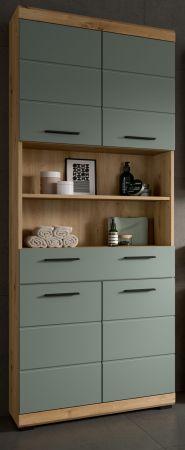 Badezimmer Hochschrank Shawn in Salbei und Artisan Eiche Badschrank 74 x 191 cm