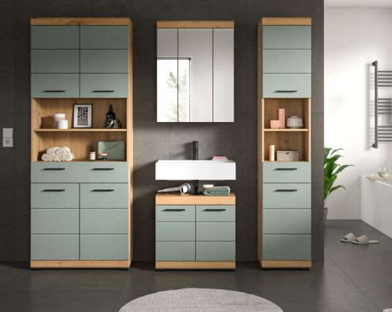 Badezimmer Hochschrank Shawn in Salbei und Artisan Eiche Badschrank 74 x 191 cm