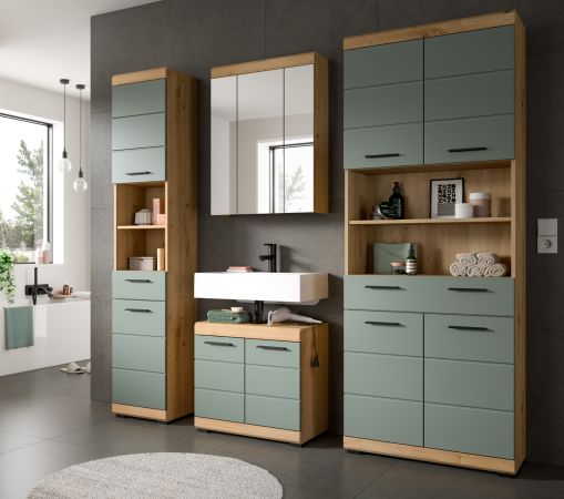 Badezimmer Hochschrank Shawn in Salbei und Artisan Eiche Badschrank 74 x 191 cm