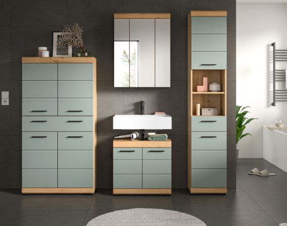 Badezimmer Midischrank Shawn in Salbei und Artisan Eiche Badschrank 74 x 141 cm