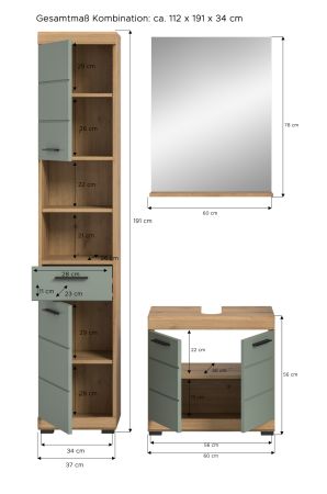 Badm�bel Set 3-teilig Shawn in Salbei und Artisan Eiche Badkombination 112 x 191 cm