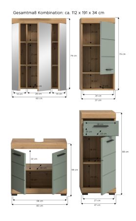 Badm�bel Set 4-teilig Shawn in Salbei und Artisan Eiche Badkombination 112 x 191 cm