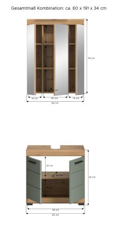 Badm�bel Set 2-teilig Shawn in Salbei und Artisan Eiche Badkombination 60 x 191 cm