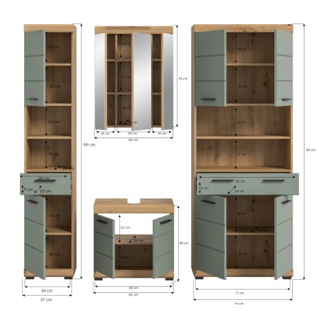 Badm�bel Set 4-teilig Shawn in Salbei und Artisan Eiche Badkombination 200 x 191 cm