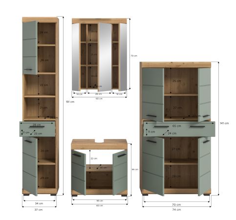 Badm�bel Set 4-teilig Shawn in Salbei und Artisan Eiche Badkombination 200 x 191 cm