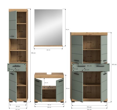 Badm�bel Set 4-teilig Shawn in Salbei und Artisan Eiche Badkombination 200 x 191 cm