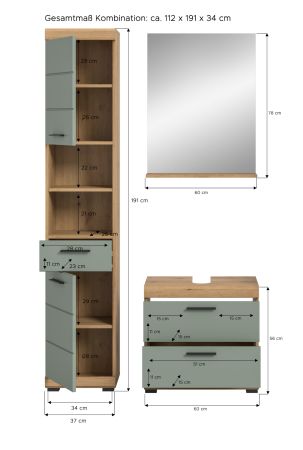 Badm�bel Set 3-teilig Shawn in Salbei und Artisan Eiche Badkombination 112 x 191 cm