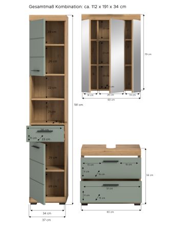 Badm�bel Set 3-teilig Shawn in Salbei und Artisan Eiche Badkombination 112 x 191 cm