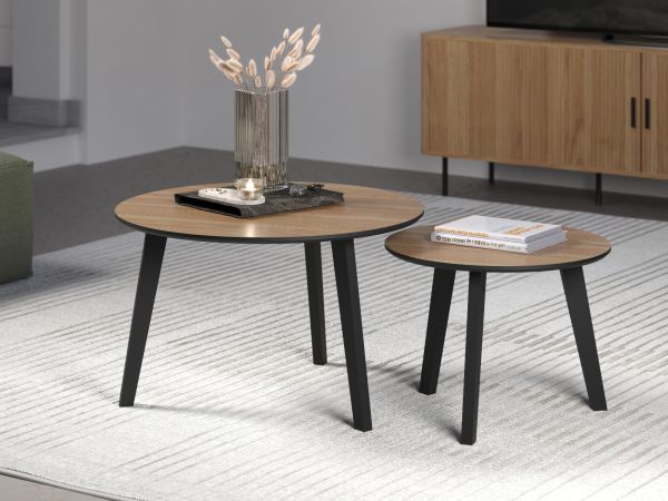 Couchtisch 2er Set Torus in Eiche und schwarz 2x Beistelltisch rund
