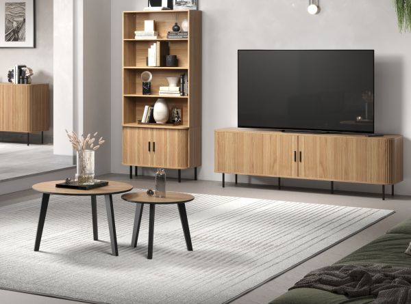 Couchtisch 2er Set Torus in Eiche und schwarz 2x Beistelltisch rund