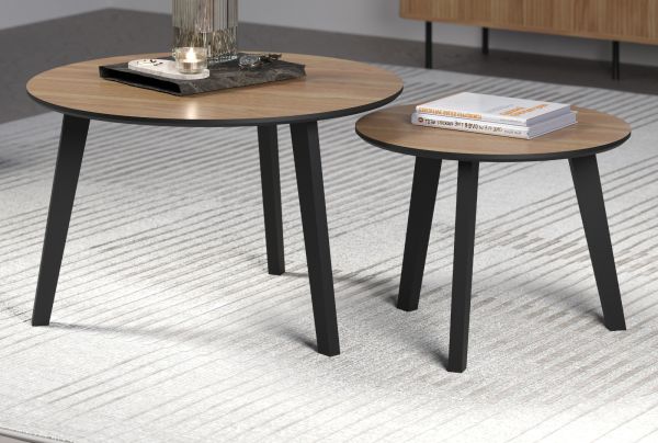 Couchtisch 2er Set Torus in Eiche und schwarz 2x Beistelltisch rund