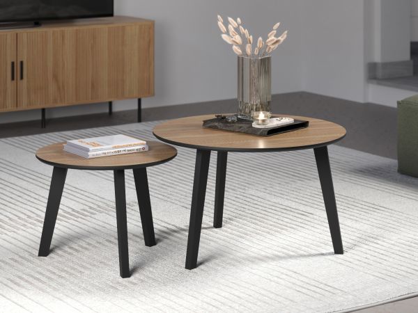 Couchtisch 2er Set Torus in Eiche und schwarz 2x Beistelltisch rund