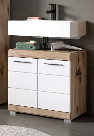 Waschbeckenunterschrank Willow in wei� Hochglanz und Nox Eiche Badschrank 60 cm