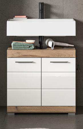 Waschbeckenunterschrank Willow in wei� Hochglanz und Nox Eiche Badschrank 60 cm