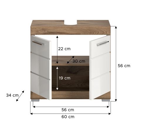 Waschbeckenunterschrank Willow in wei� Hochglanz und Nox Eiche Badschrank 60 cm