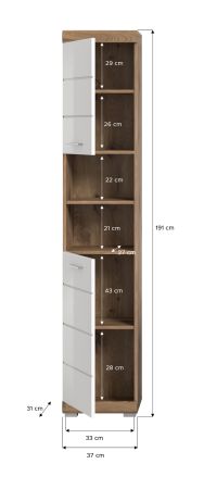 Badezimmer Hochschrank Willow in wei� Hochglanz und Nox Eiche Badschrank 37 x 191 cm
