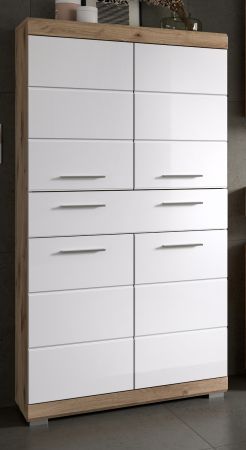 Badezimmer Midischrank Willow in wei� Hochglanz und Nox Eiche Badschrank 74 x 141 cm