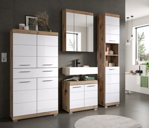 Badm�bel Set 4-teilig Willow in wei� Hochglanz und Nox Eiche Badkombination 200 x 191 cm