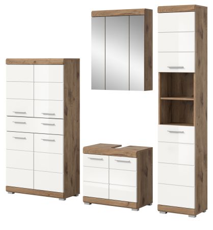 Badm�bel Set 4-teilig Willow in wei� Hochglanz und Nox Eiche Badkombination 200 x 191 cm