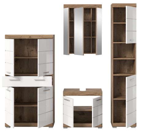 Badm�bel Set 4-teilig Willow in wei� Hochglanz und Nox Eiche Badkombination 200 x 191 cm
