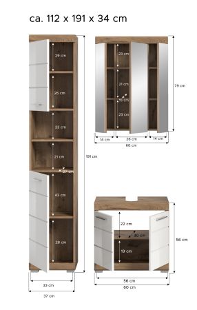 Badm�bel Set 3-teilig Willow in wei� Hochglanz und Nox Eiche Badkombination 112 x 191 cm