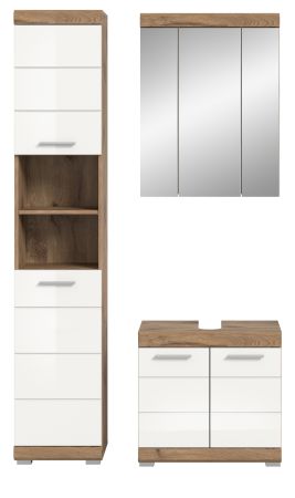 Badm�bel Set 3-teilig Willow in wei� Hochglanz und Nox Eiche Badkombination 112 x 191 cm