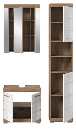 Badm�bel Set 3-teilig Willow in wei� Hochglanz und Nox Eiche Badkombination 112 x 191 cm