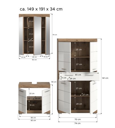 Badm�bel Set 3-teilig Willow in wei� Hochglanz und Nox Eiche Badkombination 149 x 191 cm