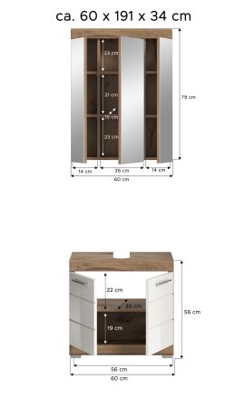 Badm�bel Set 2-teilig Willow in wei� Hochglanz und Nox Eiche Badkombination 60 x 191 cm