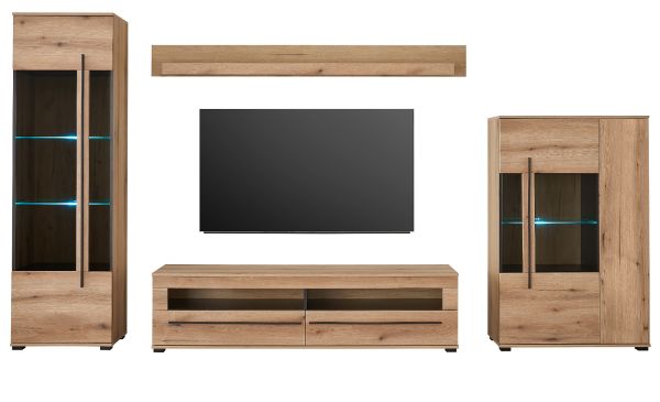 Wohnwand Design-D in Evoke Eiche Wohnkombination Set 4-teilig 350 cm, mit Soft-Close