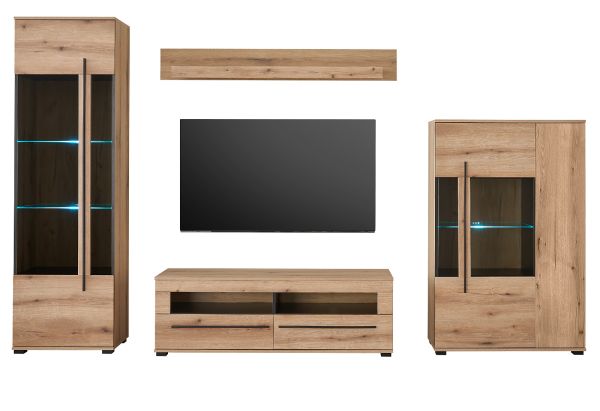 Wohnwand Design-D in Evoke Eiche Wohnkombination Set 4-teilig 310 cm, mit Soft-Close