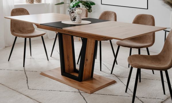 Esstisch Borja in Artisan Eiche und schwarz S�ulentisch mit Liftauszug 160 / 200 x 90 cm