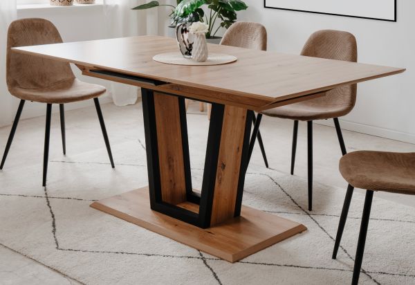 Esstisch Borja in Artisan Eiche und schwarz S�ulentisch mit Liftauszug 160 / 200 x 90 cm