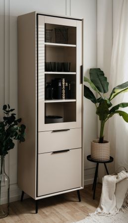 Vitrine Brebbia in sand und schwarz Vitrinenschrank 60 x 200 cm, Soft-Close-Funktion