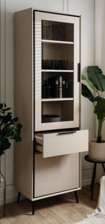 Vitrine Brebbia in sand und schwarz Vitrinenschrank 60 x 200 cm, Soft-Close-Funktion