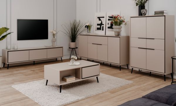 Vitrine Brebbia in sand und schwarz Vitrinenschrank 60 x 200 cm, Soft-Close-Funktion