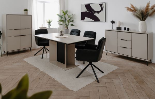 Vitrine Brebbia in sand und schwarz Vitrinenschrank 60 x 200 cm, Soft-Close-Funktion