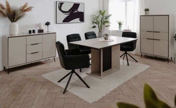 Esstisch Brebbia in sand und schwarz S�ulentisch ausziehbar 160 / 200 x 90 cm