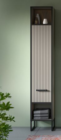 Badezimmer Hochschrank Scana in sand und schwarz Badschrank 30 x 192 cm, Soft-Close