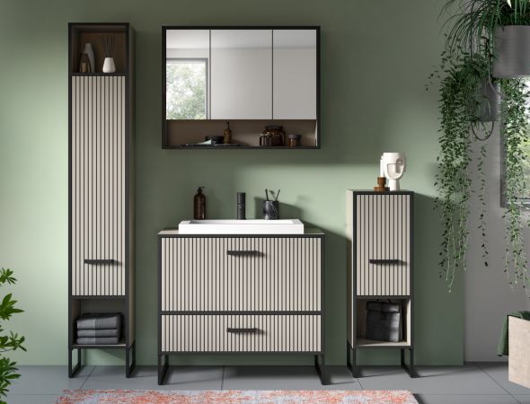 Badezimmer Hochschrank Scana in sand und schwarz Badschrank 30 x 192 cm, Soft-Close