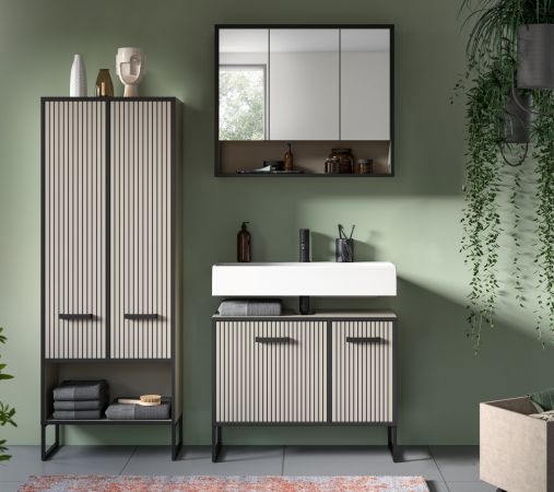Waschbeckenunterschrank Scana in Sand mit Schwarz, Badezimmer Unterschrank 80 cm, Soft-Close