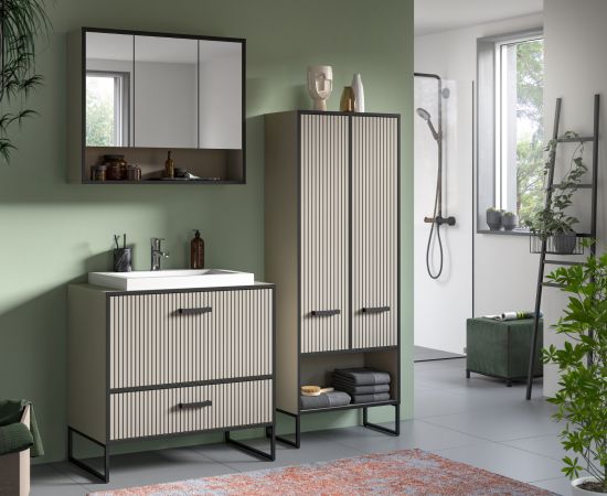 Badezimmer Spiegelschrank Scana in sand und schwarz Badschrank 3-t�rig 80 cm, Soft-Close