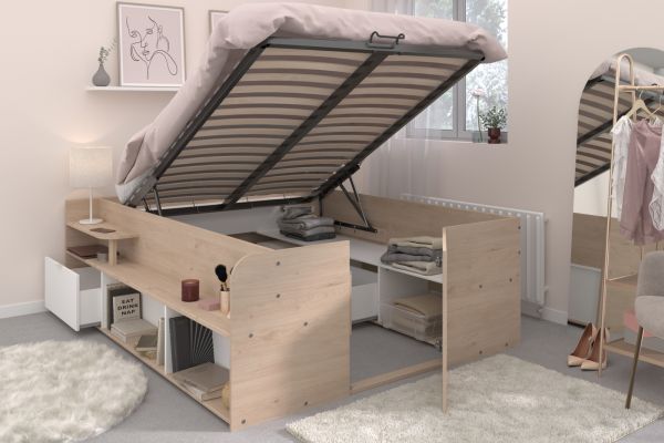 Parisot Stauraumbett Travel in Eiche Jackson und wei� Hochbett Liegefl�che 140 x 200 cm